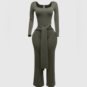 Ribbed Long Sleeve Jumpsuit with Front Tie
